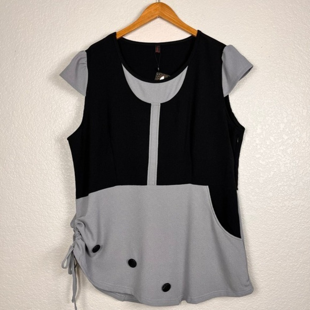 Tunic Top Womens Size XXL Lagenlook Black Gray‎ Colorblock Cap Sleeve Asymmetric